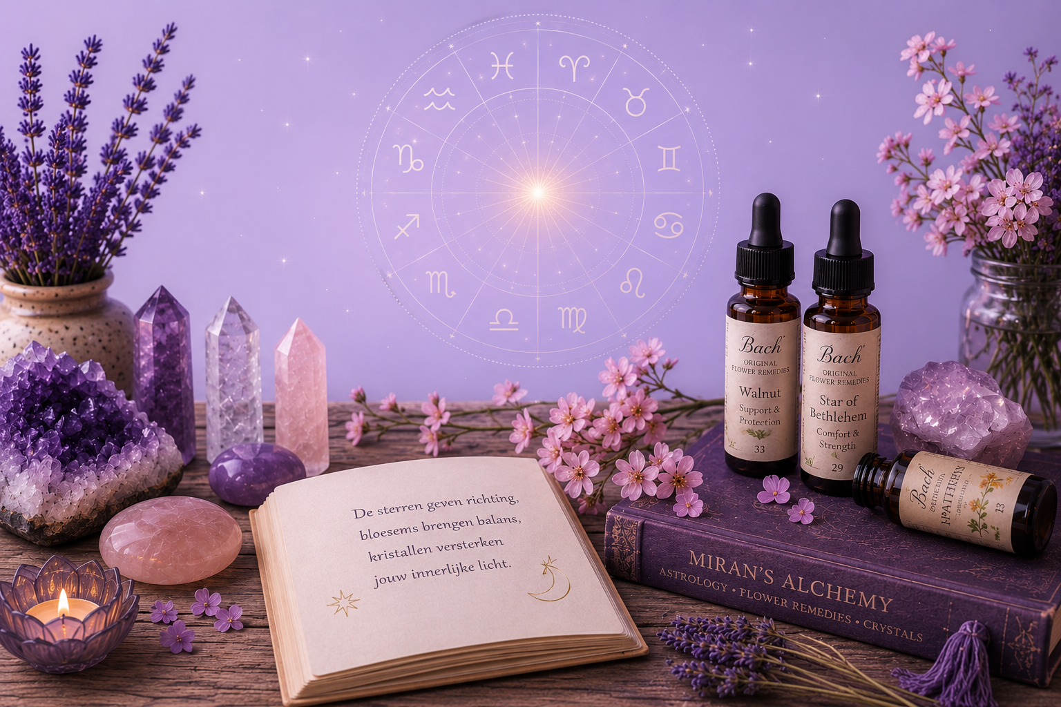 Drie voorbeeldpagina's uit het Miran's Alchemy ebook met astrologische diagrammen en mystieke typografie